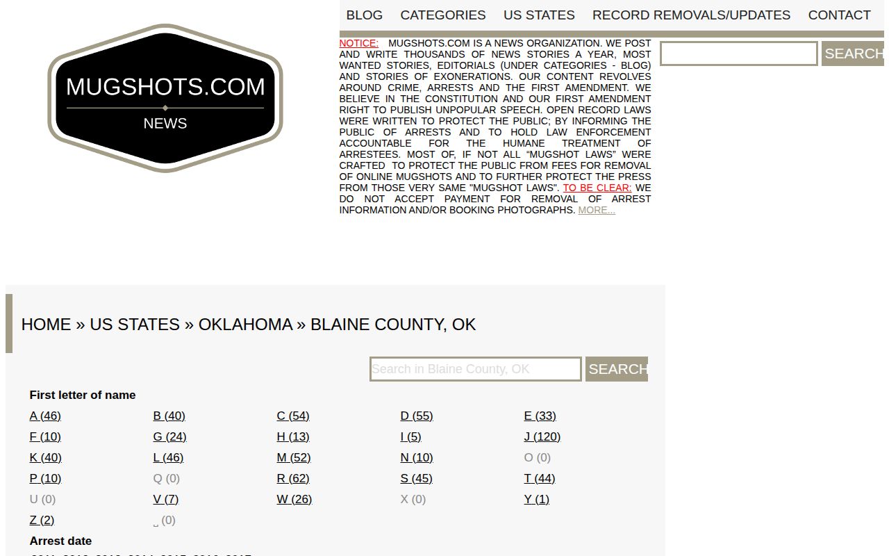 Blaine County Mugshots.com historical booking-record index