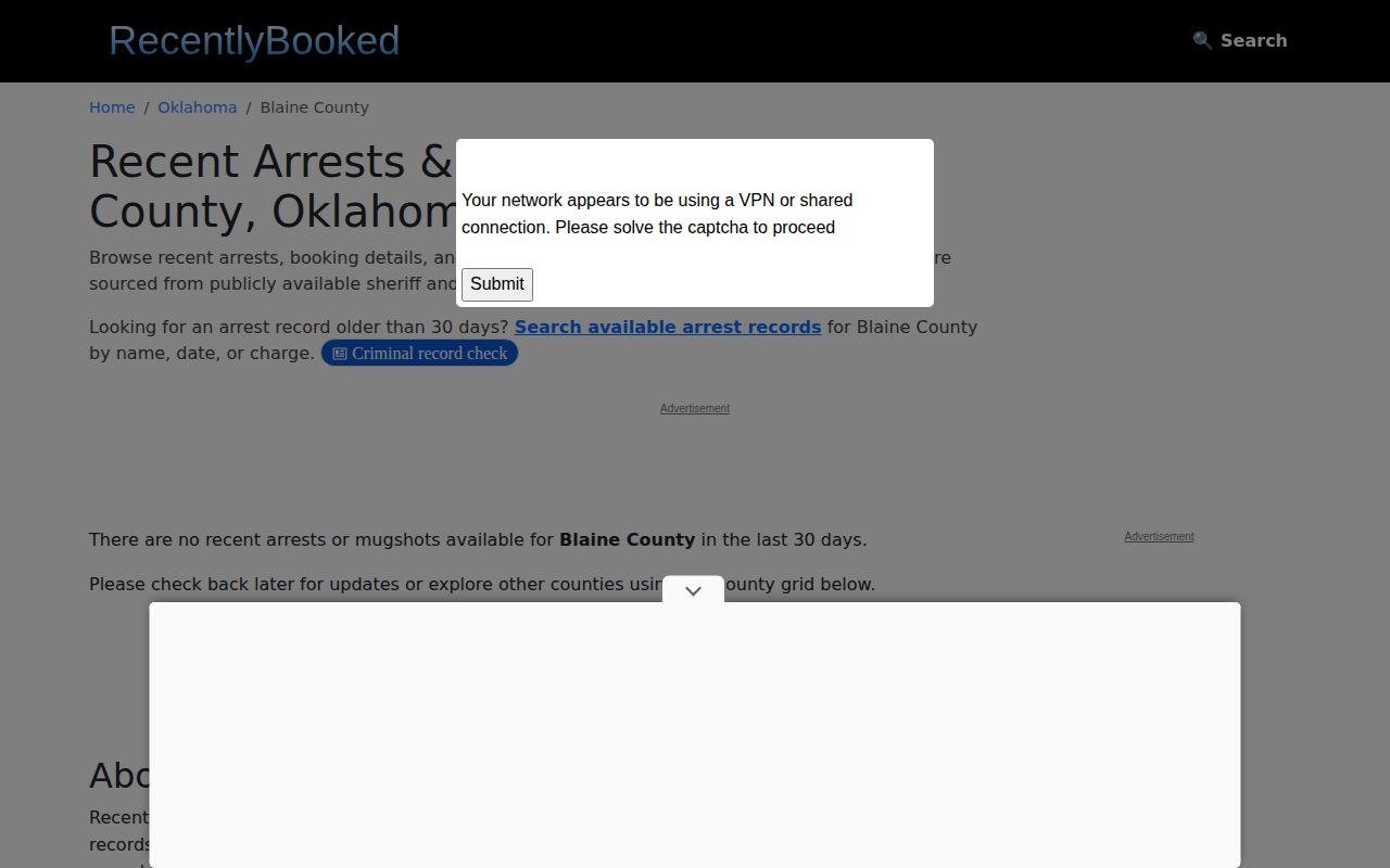 Blaine County RecentlyBooked booking-record source screen