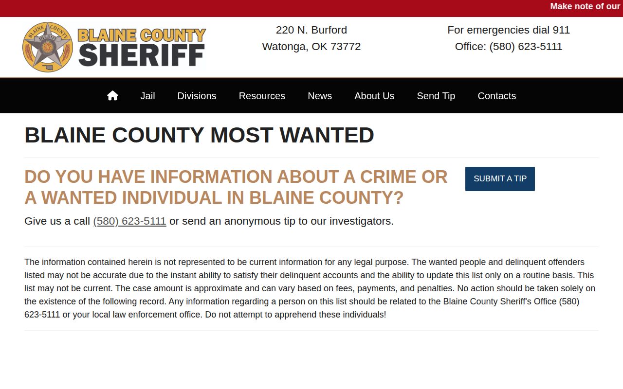 Blaine County most wanted official warrant record page