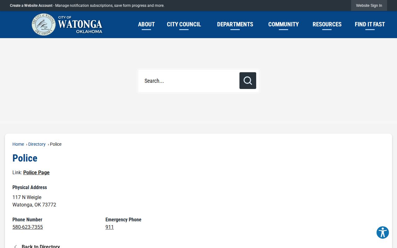 Watonga Police Department directory for Watonga arrest-record requests